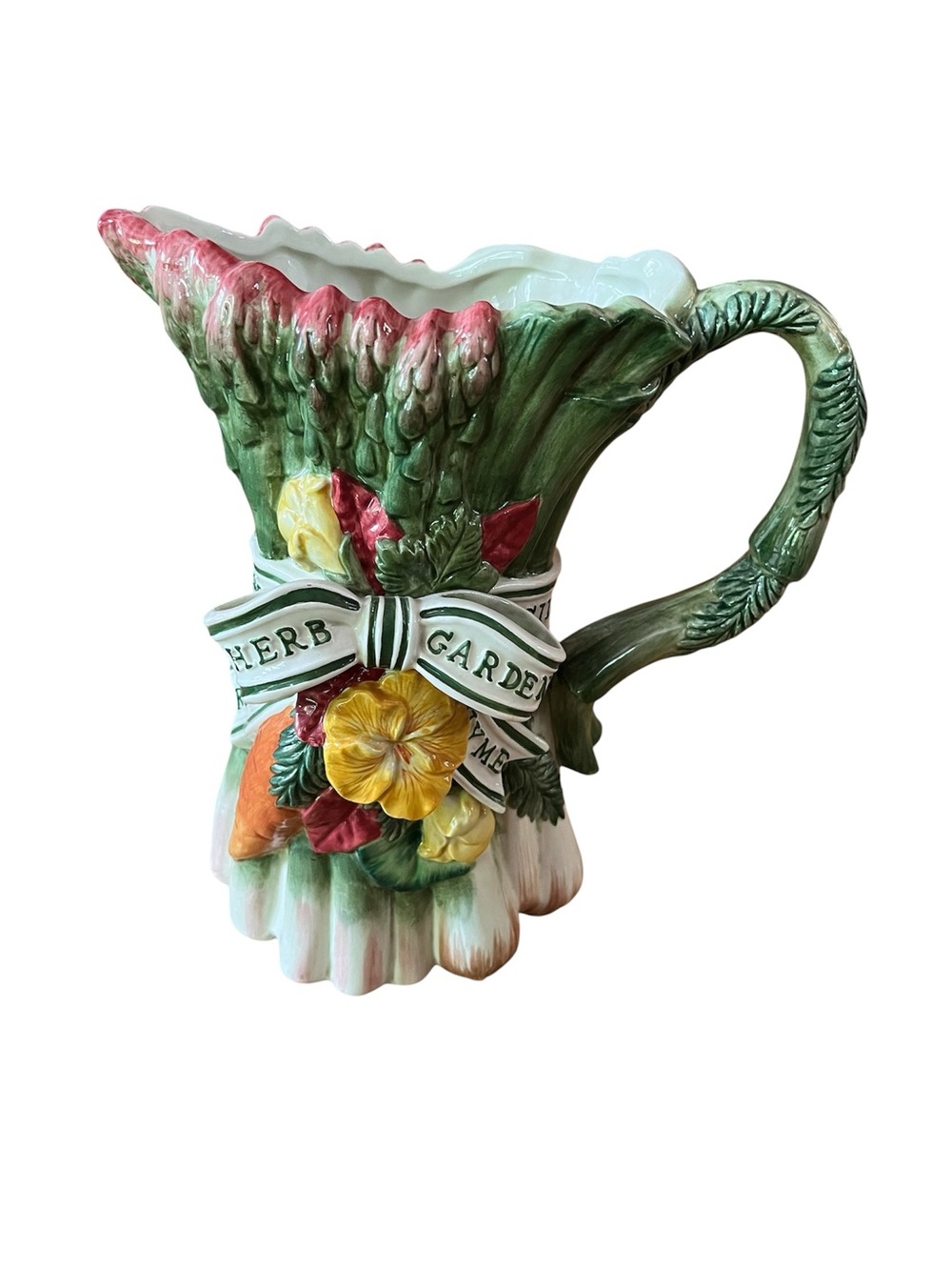 Fitz and Floyd Ceramic Herb Bundle Pitcher in Green, Pink and Yellow